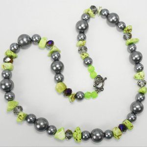 Lime Green Howlite & Grey Bead Necklace